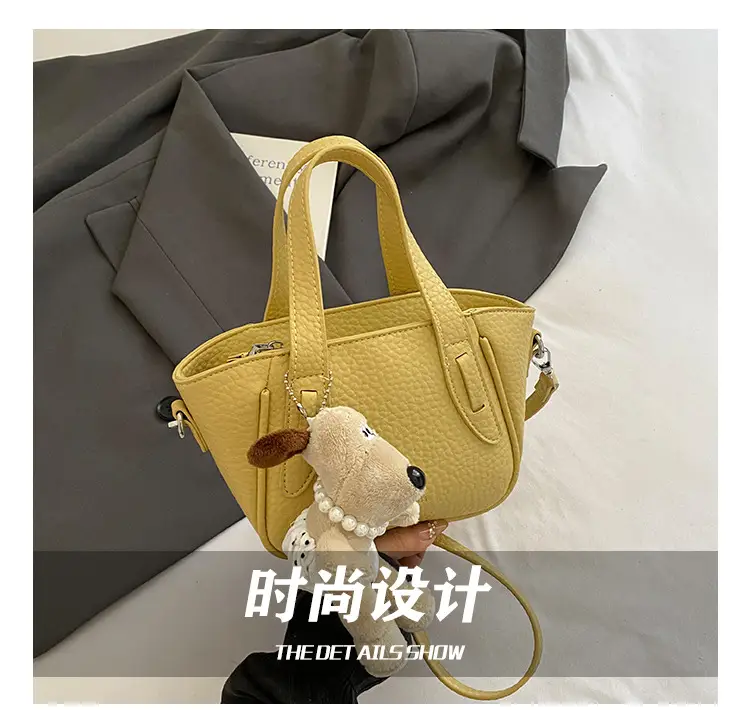 Women's Beige Leather Shoulder Bag with Cute Bear Charm — feature 13