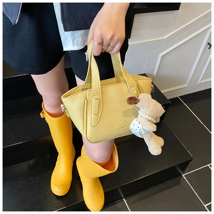 Women's Beige Leather Shoulder Bag with Cute Bear Charm — feature 17