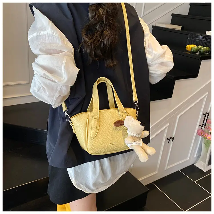 Women's Beige Leather Shoulder Bag with Cute Bear Charm — feature 18