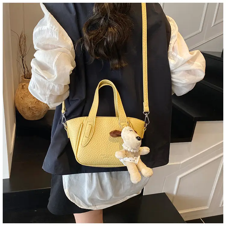 Women's Beige Leather Shoulder Bag with Cute Bear Charm — feature 19