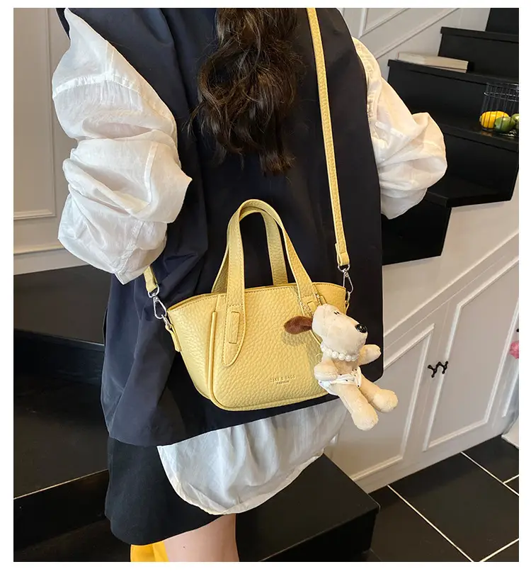 Women's Beige Leather Shoulder Bag with Cute Bear Charm — feature 2