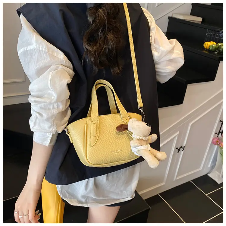Women's Beige Leather Shoulder Bag with Cute Bear Charm — feature 20