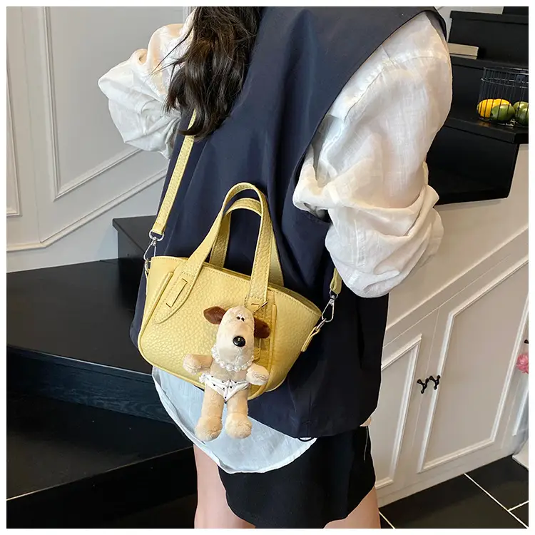 Women's Beige Leather Shoulder Bag with Cute Bear Charm — feature 21