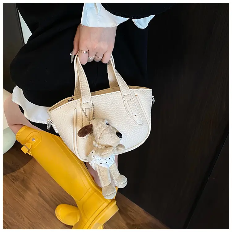 Women's Beige Leather Shoulder Bag with Cute Bear Charm — feature 22
