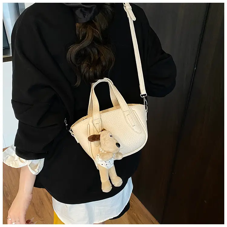 Women's Beige Leather Shoulder Bag with Cute Bear Charm — feature 23