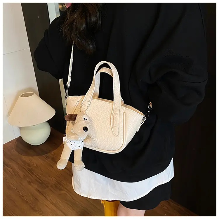 Women's Beige Leather Shoulder Bag with Cute Bear Charm — feature 24