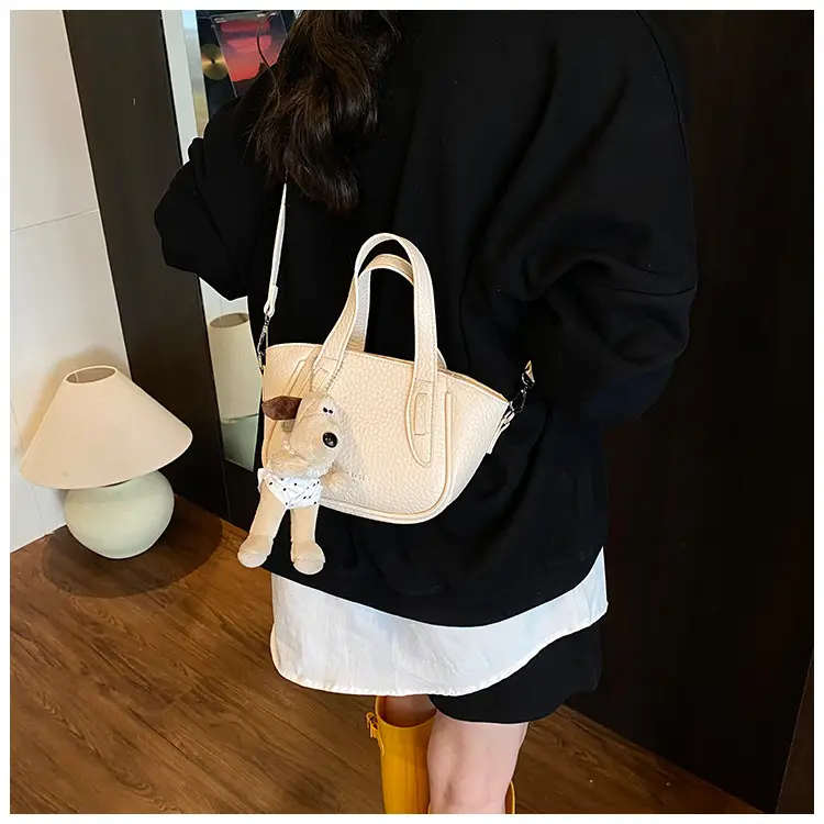 Women's Beige Leather Shoulder Bag with Cute Bear Charm — feature 25