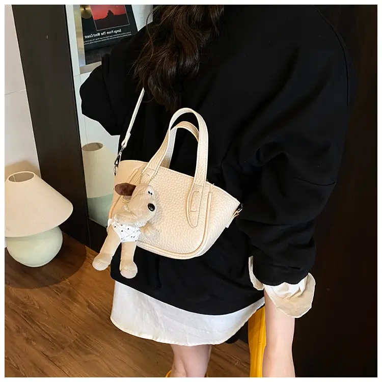Women's Beige Leather Shoulder Bag with Cute Bear Charm — feature 26