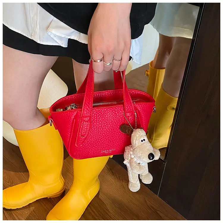 Women's Beige Leather Shoulder Bag with Cute Bear Charm — feature 27