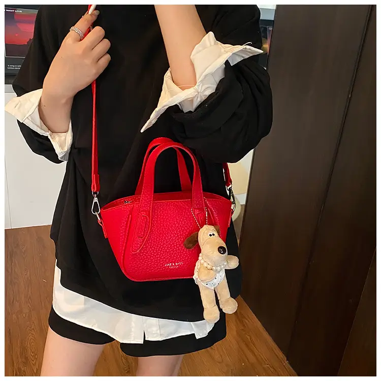 Women's Beige Leather Shoulder Bag with Cute Bear Charm — feature 28