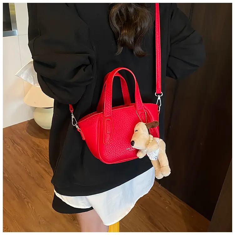 Women's Beige Leather Shoulder Bag with Cute Bear Charm — feature 29