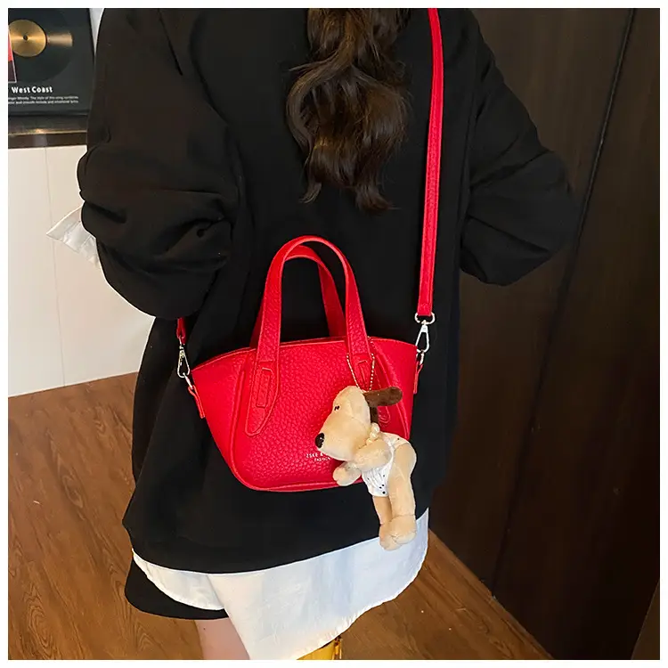 Women's Beige Leather Shoulder Bag with Cute Bear Charm — feature 30