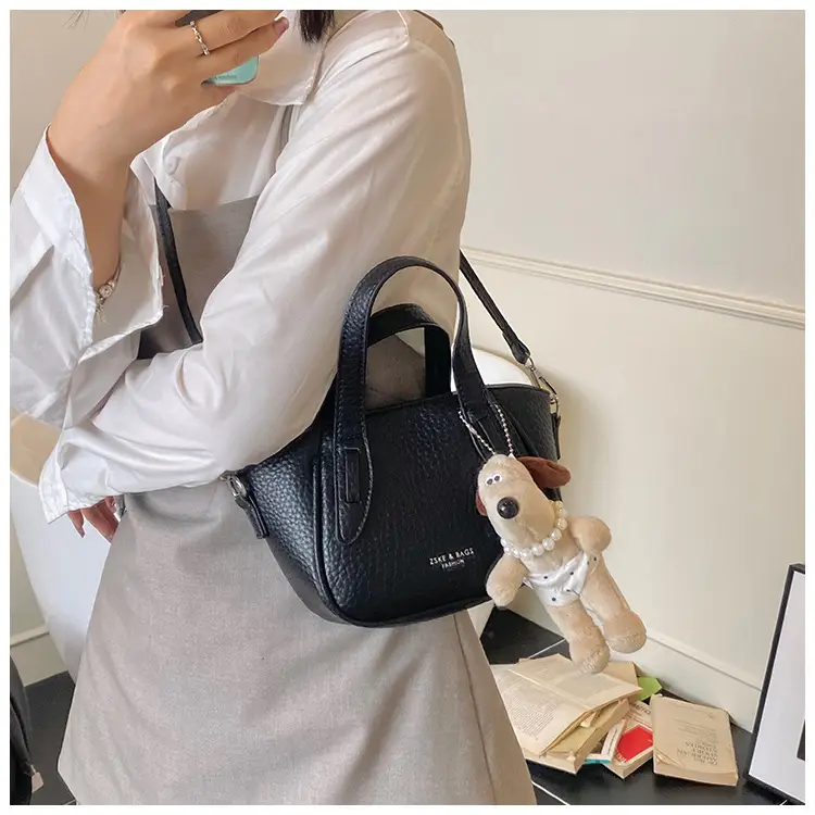Women's Beige Leather Shoulder Bag with Cute Bear Charm — feature 31