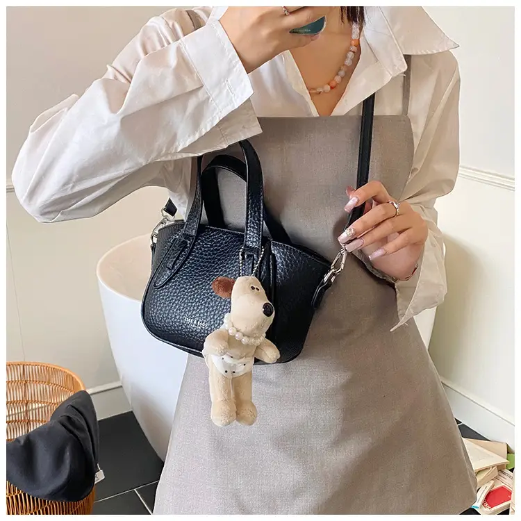 Women's Beige Leather Shoulder Bag with Cute Bear Charm — feature 32