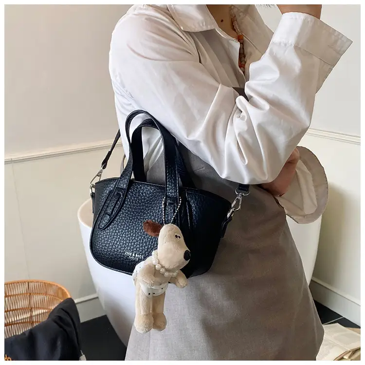 Women's Beige Leather Shoulder Bag with Cute Bear Charm — feature 33