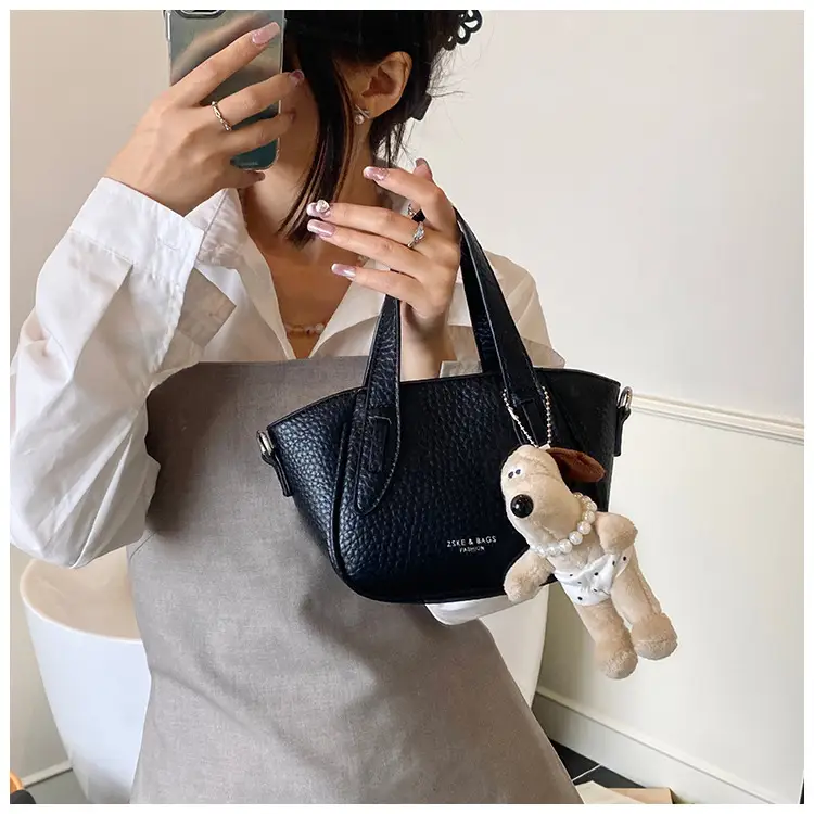 Women's Beige Leather Shoulder Bag with Cute Bear Charm — feature 34