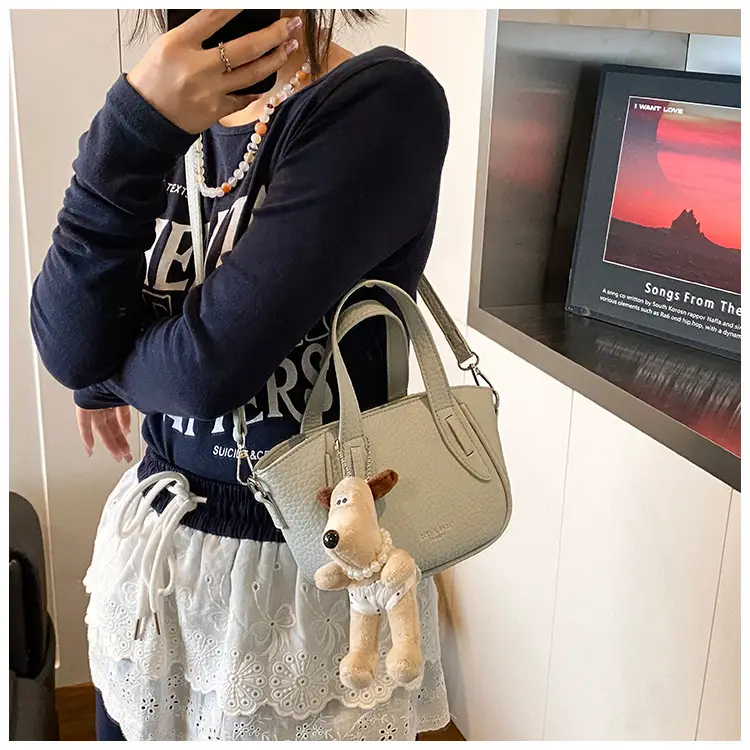 Women's Beige Leather Shoulder Bag with Cute Bear Charm — feature 35