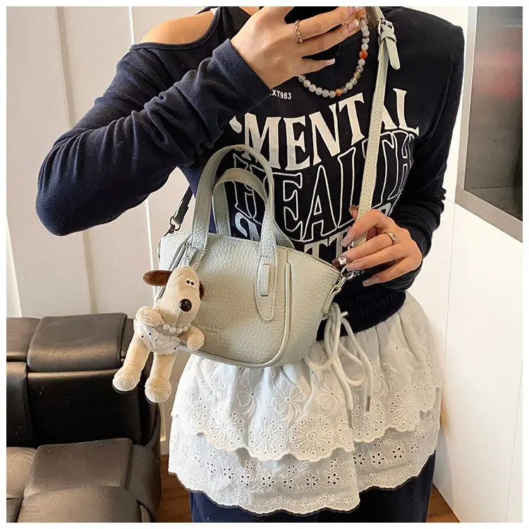 Women's Beige Leather Shoulder Bag with Cute Bear Charm — feature 36
