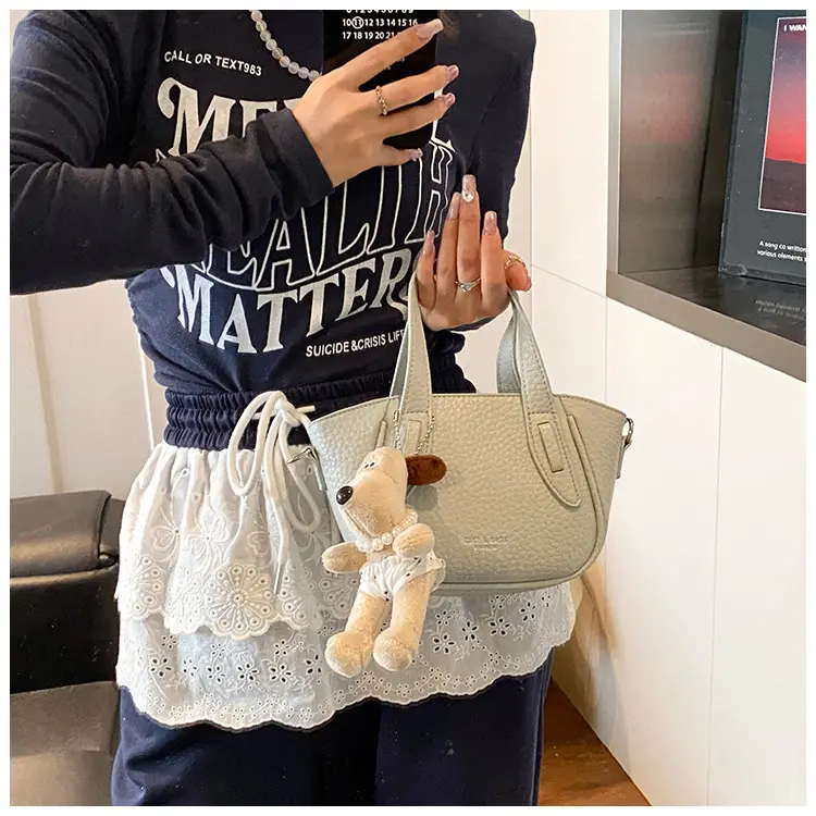Women's Beige Leather Shoulder Bag with Cute Bear Charm — feature 37