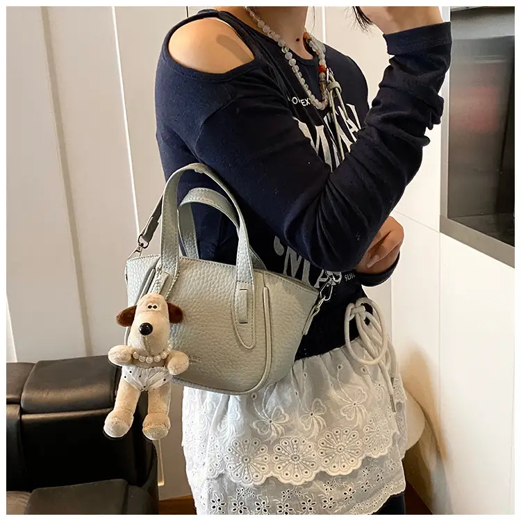 Women's Beige Leather Shoulder Bag with Cute Bear Charm — feature 38