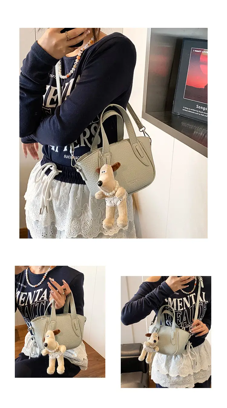 Women's Beige Leather Shoulder Bag with Cute Bear Charm — feature 5