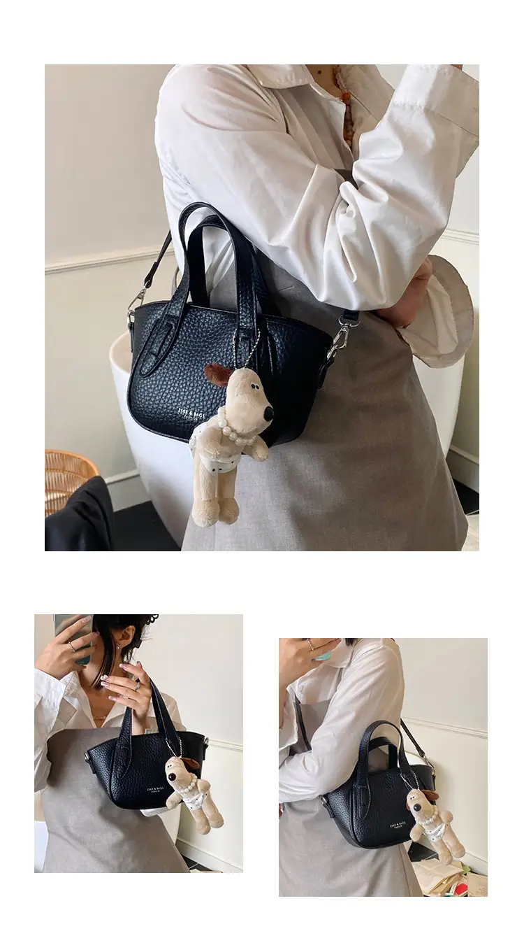 Women's Beige Leather Shoulder Bag with Cute Bear Charm — feature 6