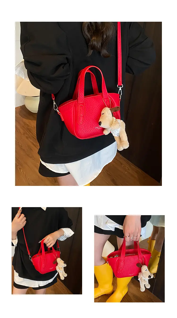 Women's Beige Leather Shoulder Bag with Cute Bear Charm — feature 7