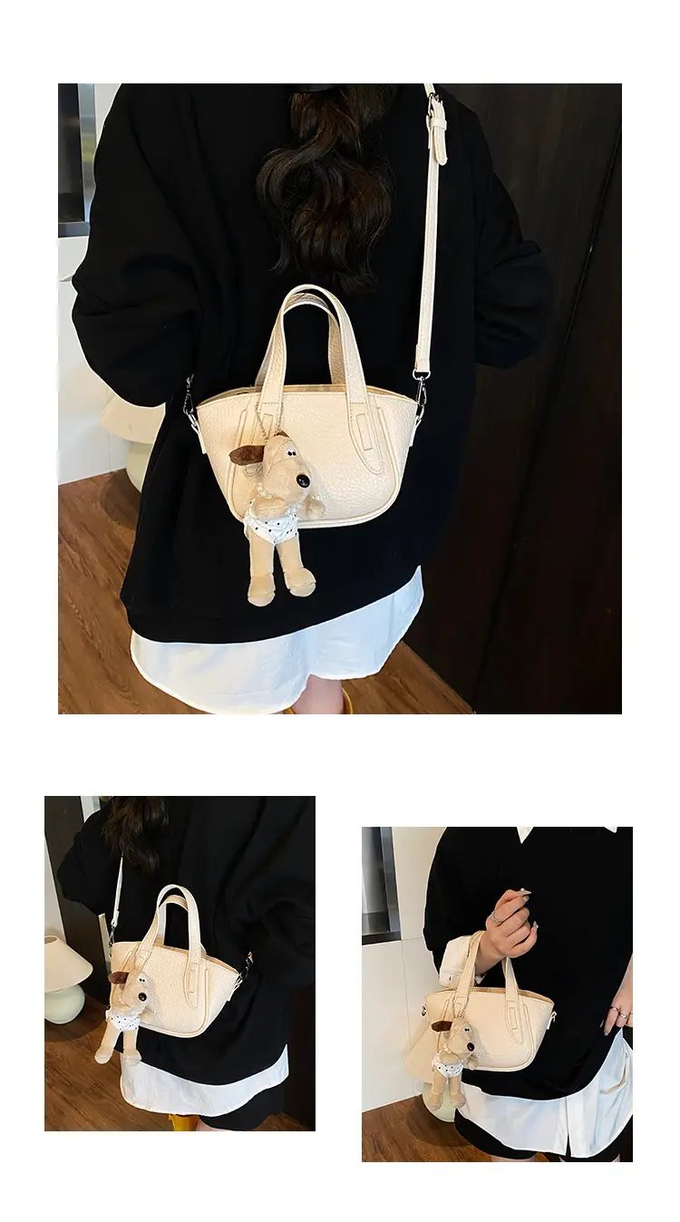 Women's Beige Leather Shoulder Bag with Cute Bear Charm — feature 8