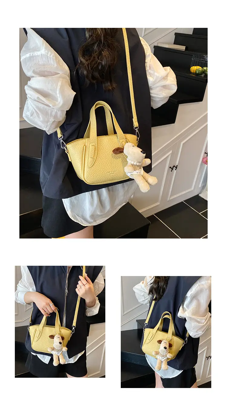 Women's Beige Leather Shoulder Bag with Cute Bear Charm — feature 9