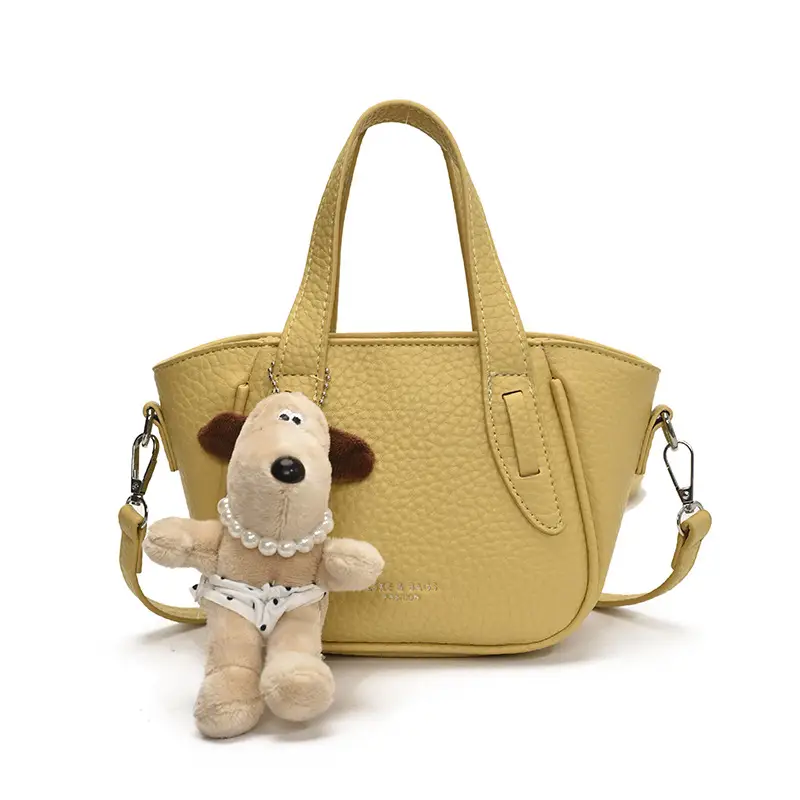 Women's Beige Leather Shoulder Bag with Cute Bear Charm - Image 4