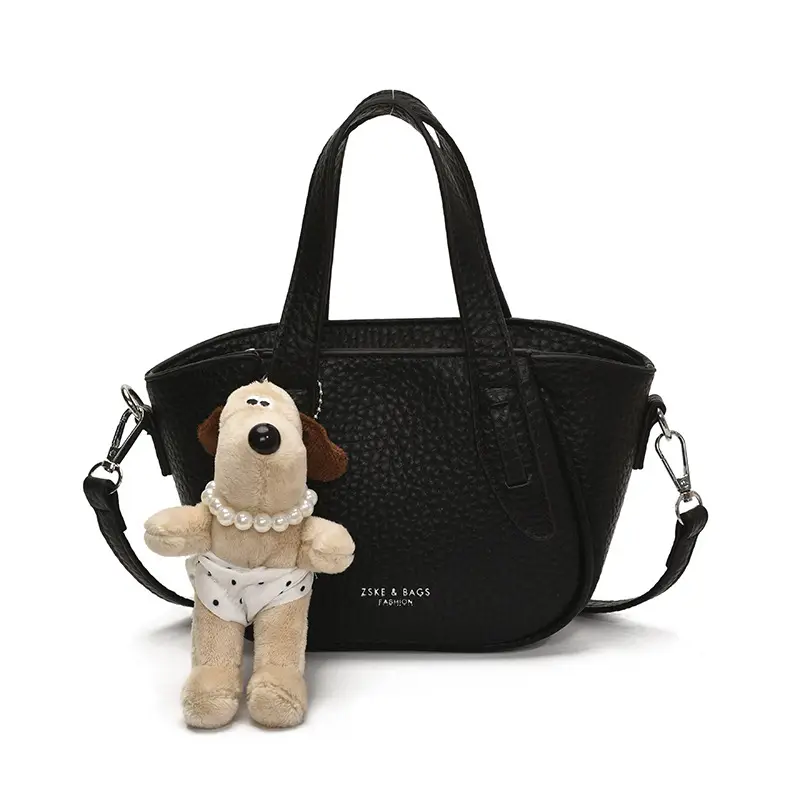 Women's Beige Leather Shoulder Bag with Cute Bear Charm - Image 6