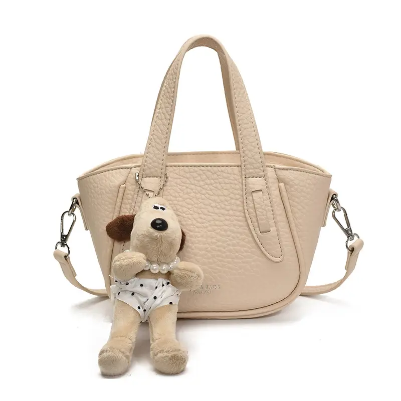 Women's Beige Leather Shoulder Bag with Cute Bear Charm - Image 7