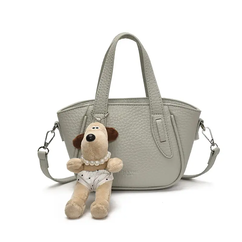 Women's Beige Leather Shoulder Bag with Cute Bear Charm - Image 8