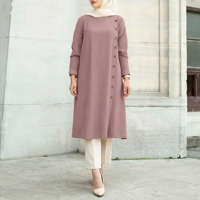 Muslim Long Sleeve Button Dress Brown Women