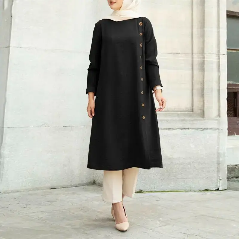 Muslim Long Sleeve Button Dress Brown Women