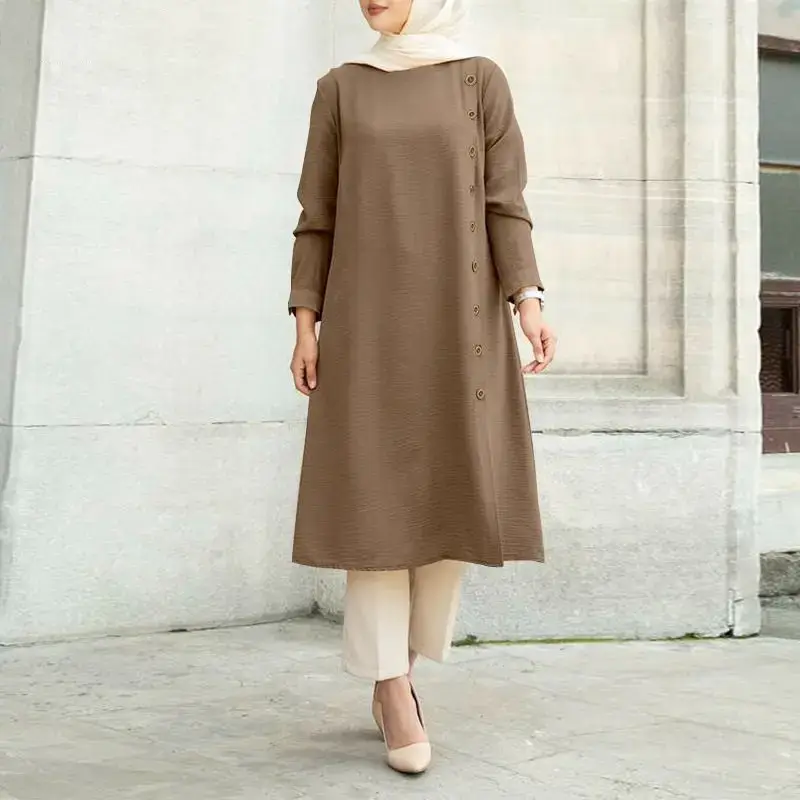Muslim Long Sleeve Button Dress Brown Women