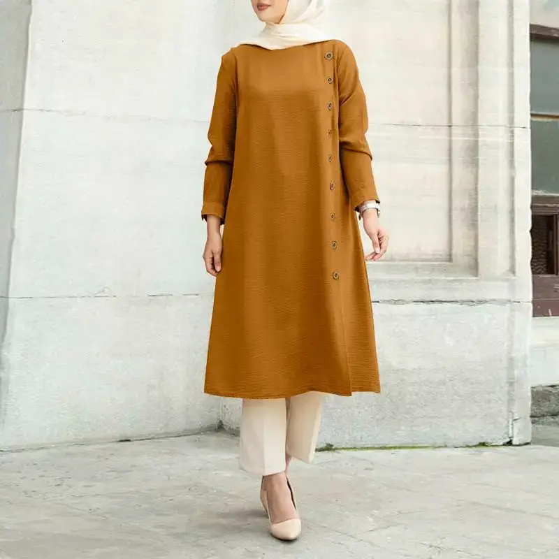 Muslim Long Sleeve Button Dress Brown Women