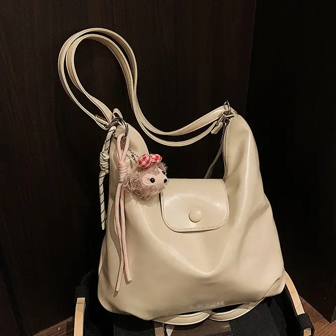 Women's Beige Retro Shoulder Tote Bag with Doll Decor - Image 4