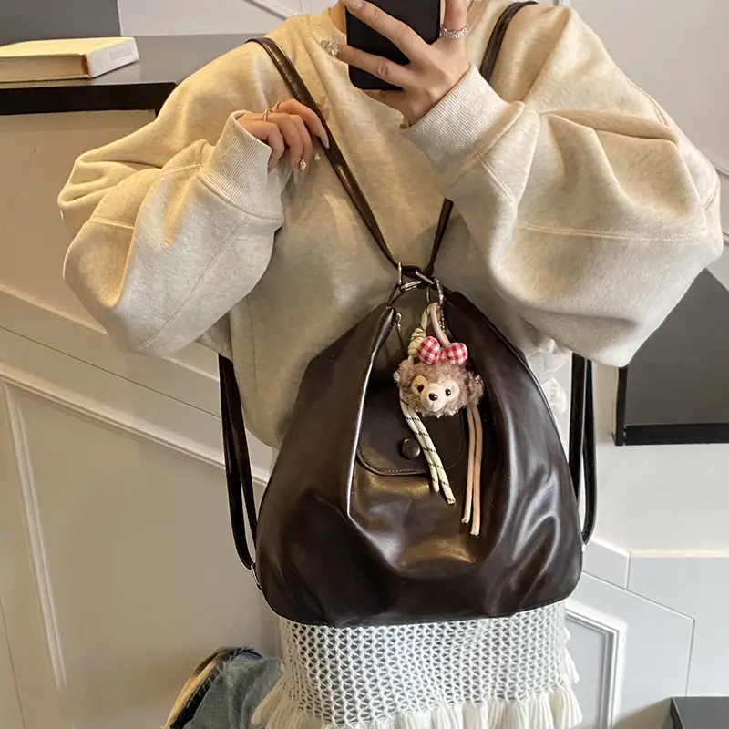 Women's Beige Retro Shoulder Tote Bag with Doll Decor - Image 6