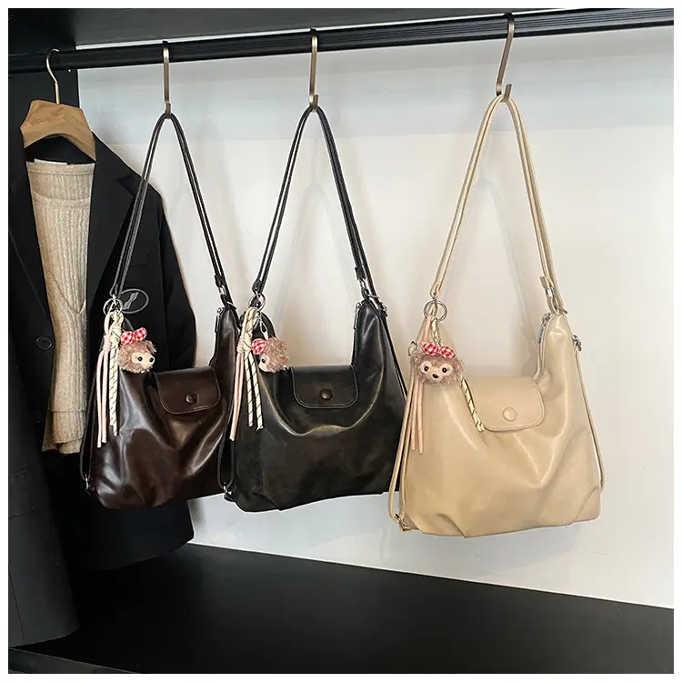 Women's Beige Retro Shoulder Tote Bag with Doll Decor — feature 2
