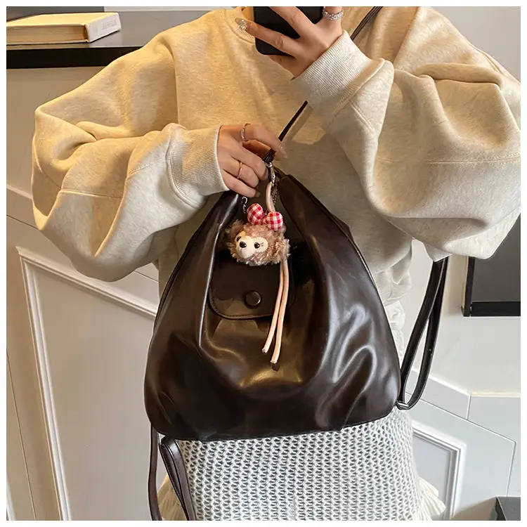 Women's Beige Retro Shoulder Tote Bag with Doll Decor — feature 30