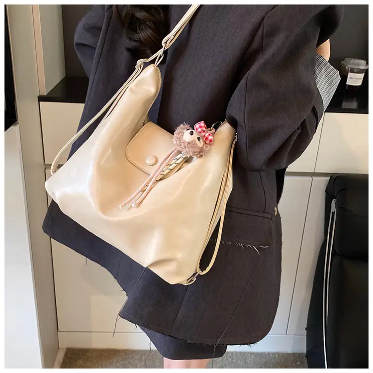 Women's Beige Retro Shoulder Tote Bag with Doll Decor — feature 38