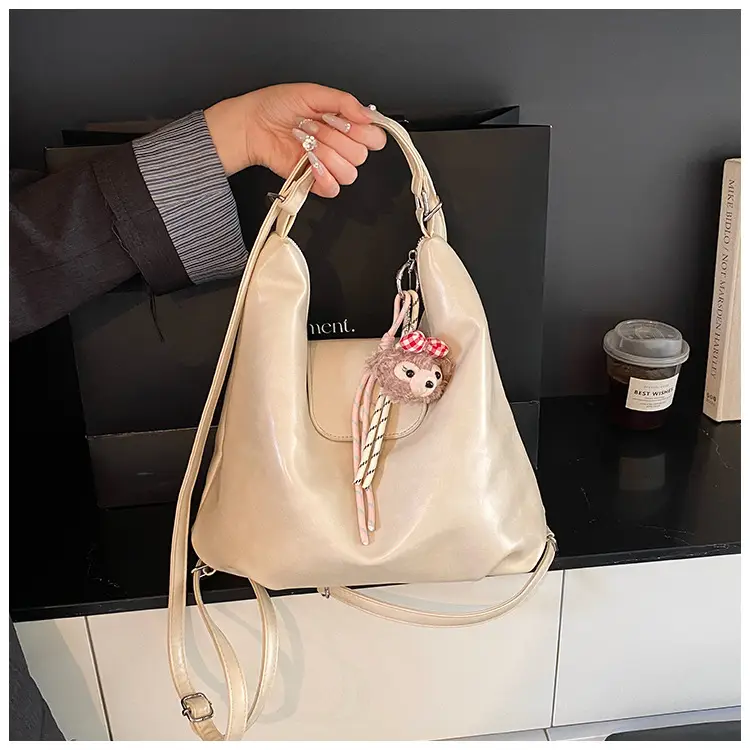 Women's Beige Retro Shoulder Tote Bag with Doll Decor — feature 39