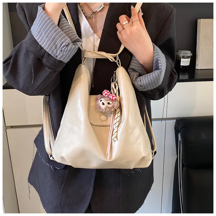 Women's Beige Retro Shoulder Tote Bag with Doll Decor — feature 40