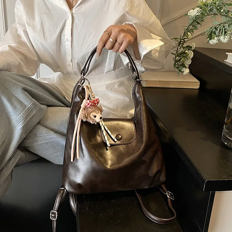 Women's Beige Retro Shoulder Tote Bag with Doll Decor - Image 2