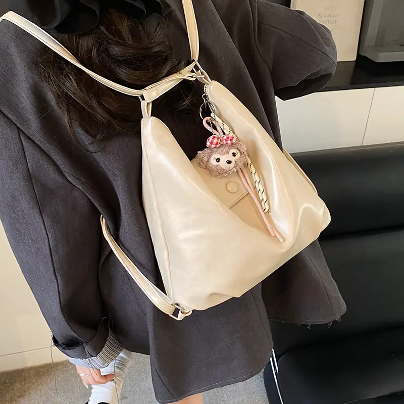 Women's Beige Retro Shoulder Tote Bag with Doll Decor - Image 3