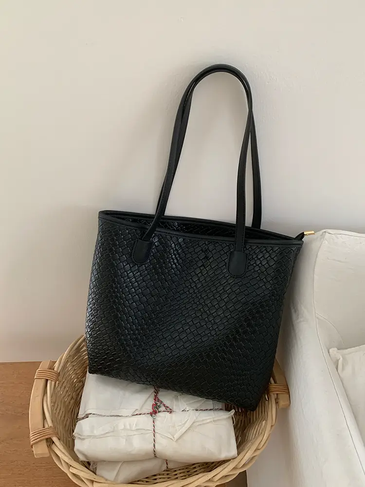 Women Black Woven Tote Bag Large Capacity 2026 - Image 3