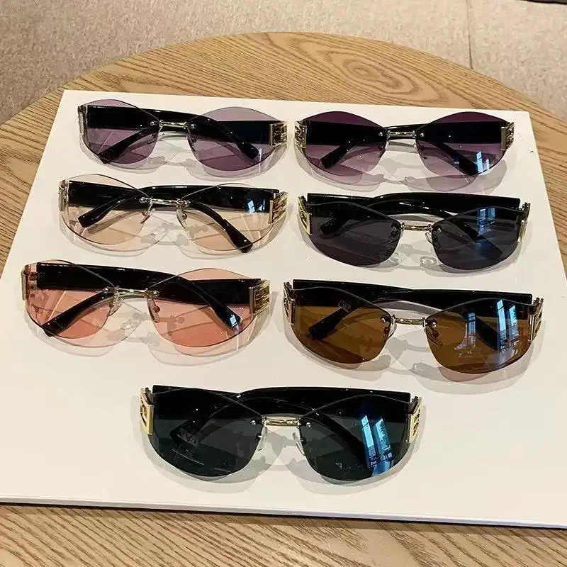 Retro Frameless Oval Curved Sunglasses Y2K Metal Ins - Image 11