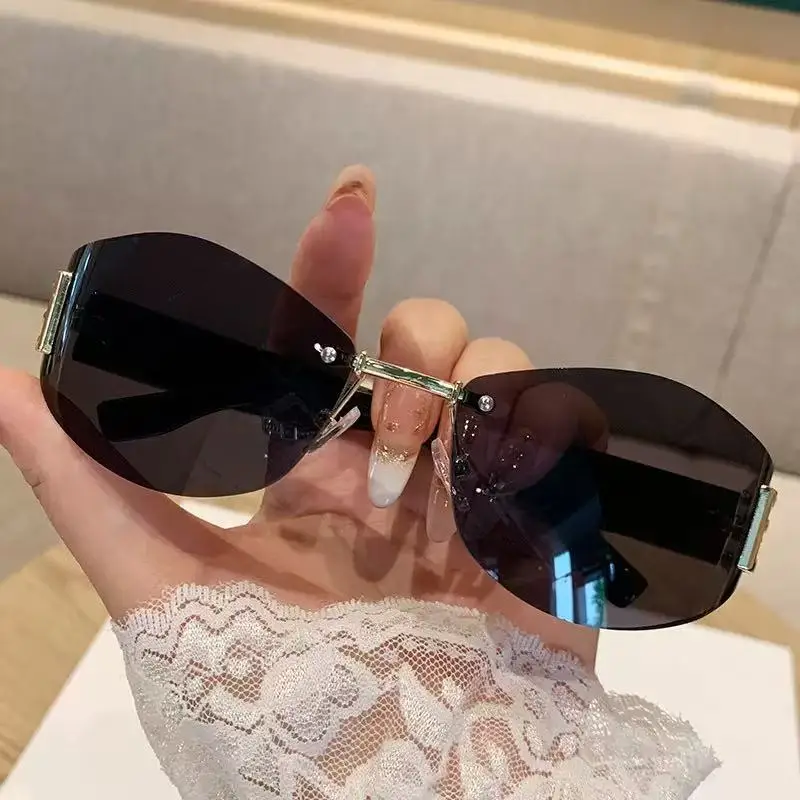 Retro Frameless Oval Curved Sunglasses Y2K Metal Ins