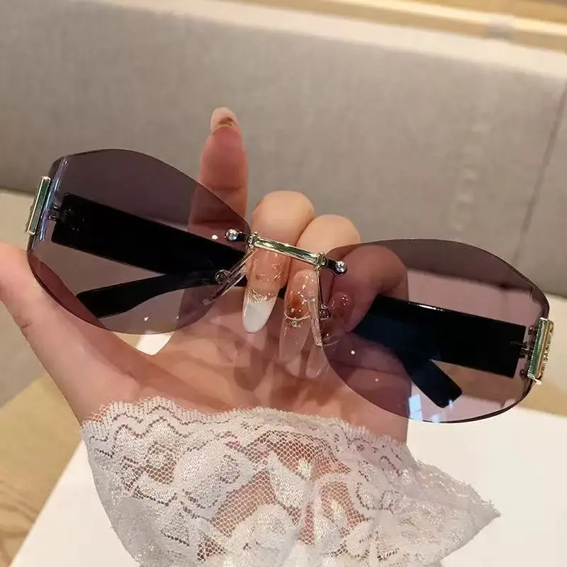 Retro Frameless Oval Curved Sunglasses Y2K Metal Ins - Image 5